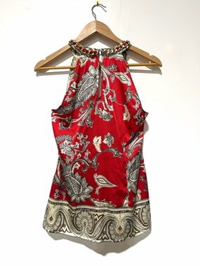 Cache Red and Cream Paisley Halter with Gold Chain